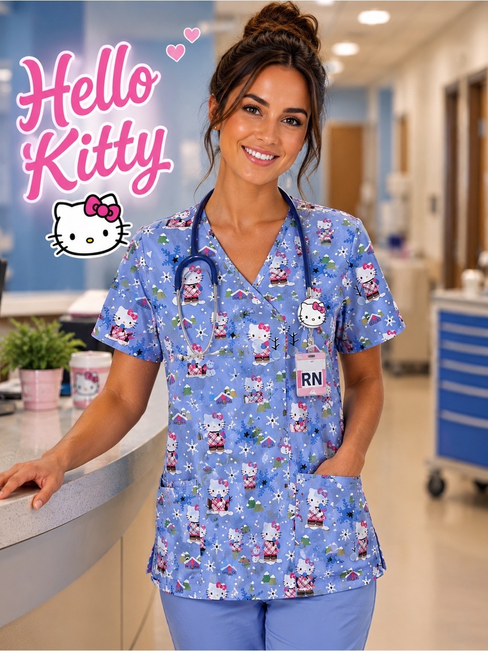Hello Kitty Blue Short Sleeve Top nurse pet groomer size 2X
